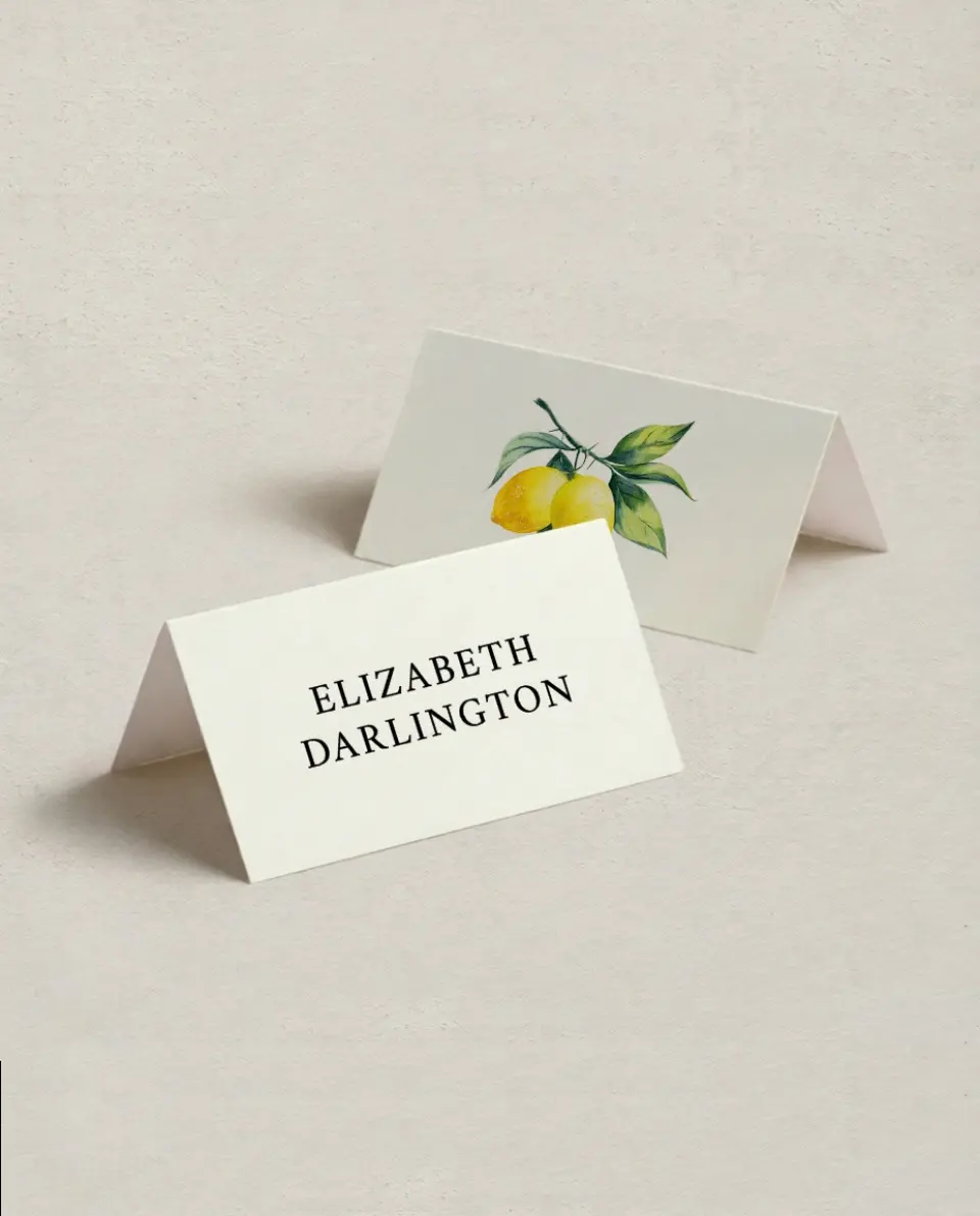 This is a 3½" x 2" Folded Wedding Place Card called Antique Lemon printed in full color on Premium Smooth paper