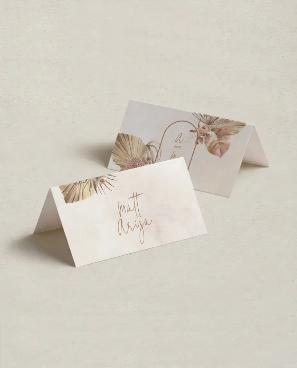 This is a 3½" x 2" Folded Wedding Place Card called Boho Blooms printed in full color on Premium Smooth paper