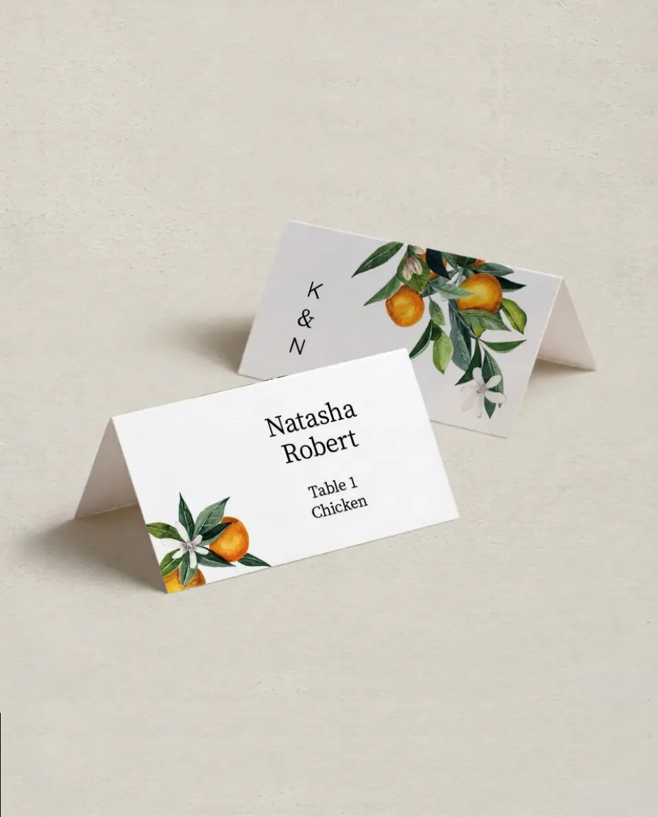 This is a 3½" x 2" Folded Wedding Place Card called Mod Citrus printed in full color on Premium Smooth paper
