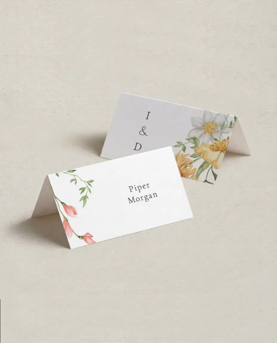 This is a 3½" x 2" Folded Wedding Place Card called Secluded Blooms printed in full color on Premium Smooth paper