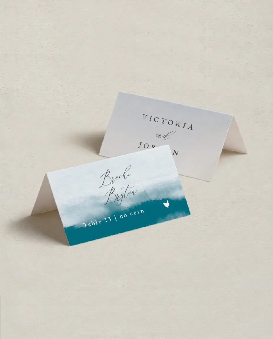 This is a 3½" x 2" Folded Wedding Place Card called Shore Impression printed in full color on Premium Smooth paper