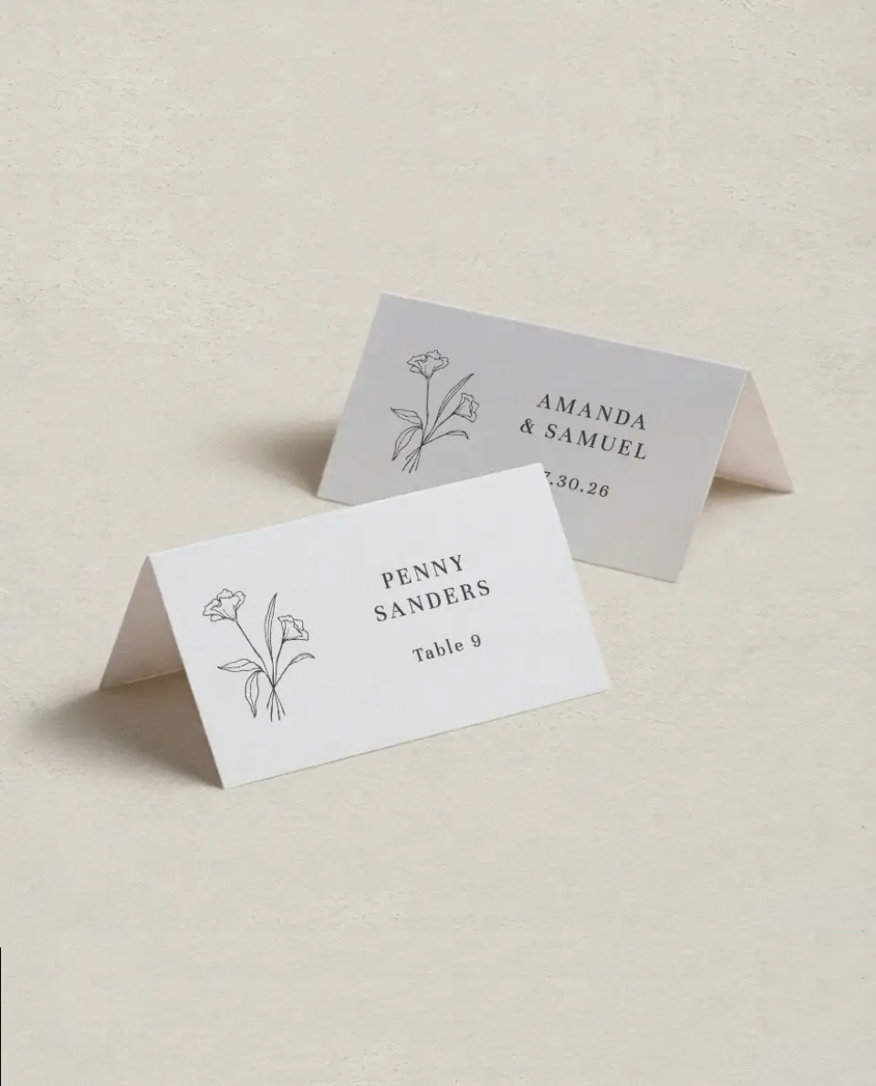 This is a 3½" x 2" Folded Wedding Place Card called Monogram Bloom printed in full color on Premium Smooth paper