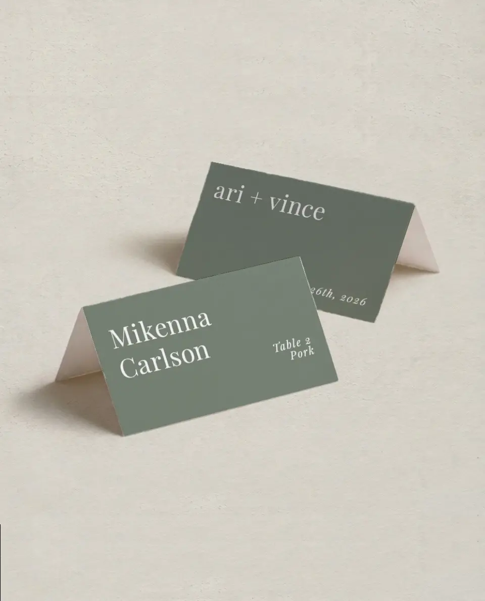 This is a 3½" x 2" Folded Wedding Place Card called Darling Digest printed in full color on Premium Smooth paper