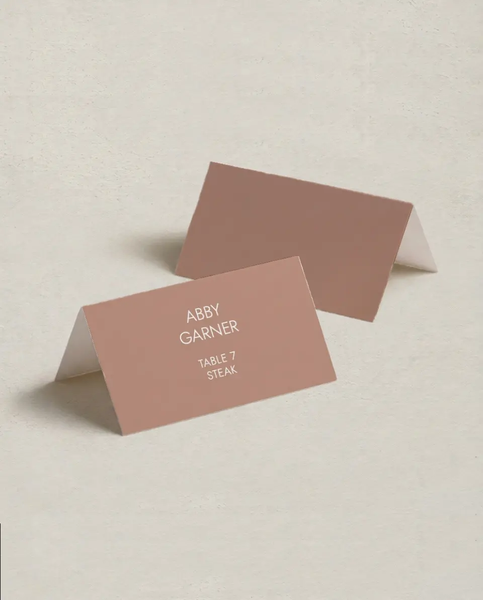 This is a 3½" x 2" Folded Wedding Place Card called Stacked Pair printed in full color on Premium Smooth paper