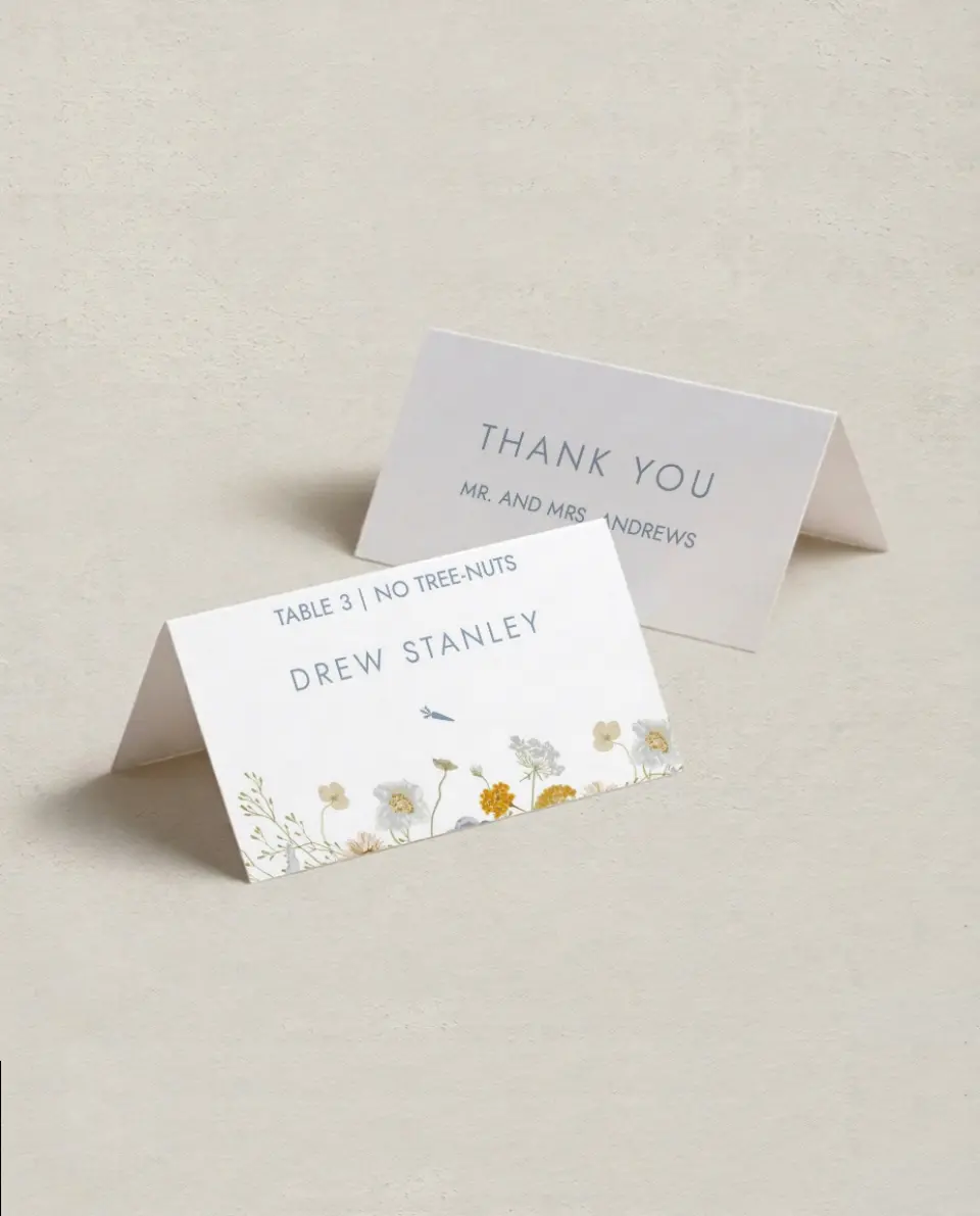 This is a 3½" x 2" Folded Wedding Place Card called Tender Blooms printed in full color on Premium Smooth paper