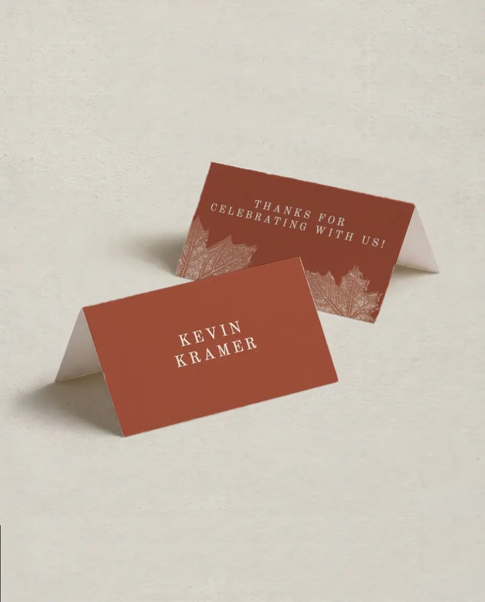 This is a 3½" x 2" Folded Wedding Place Card called Turning Leaves printed in full color on Premium Smooth paper