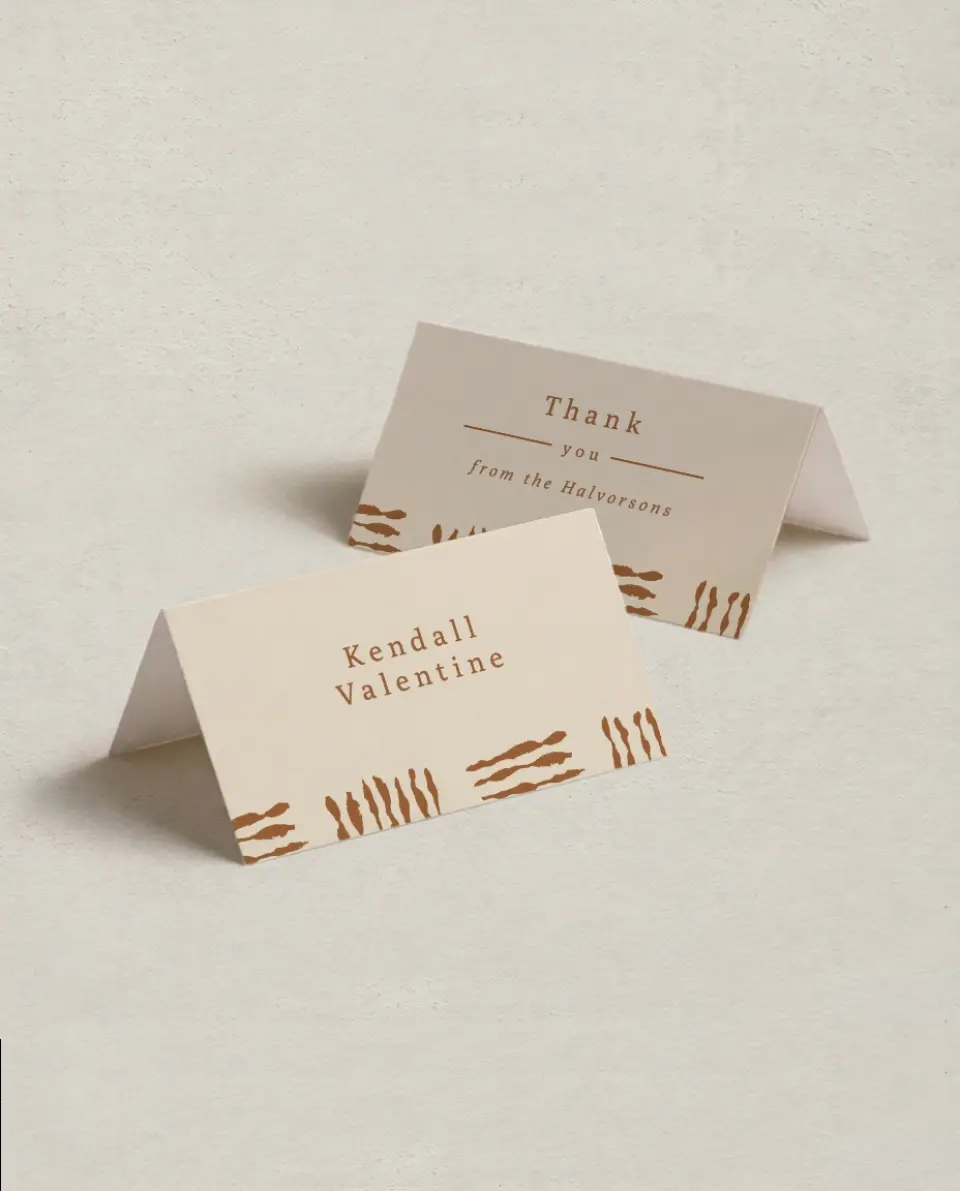 This is a 3½" x 2" Folded Wedding Place Card called Threads of Love printed in full color on Premium Smooth paper