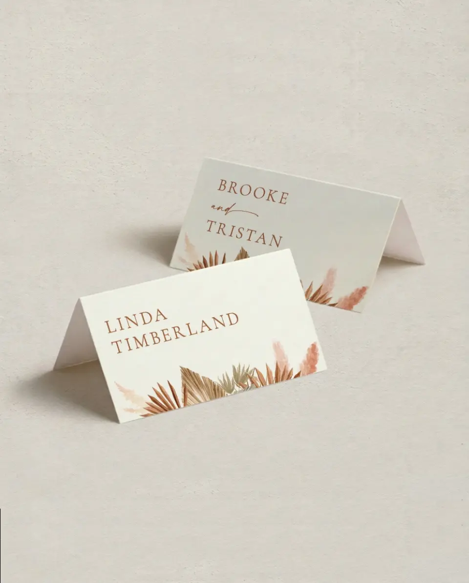 This is a 3½" x 2" Folded Wedding Place Card called Sandy Fronds printed in full color on Premium Smooth paper