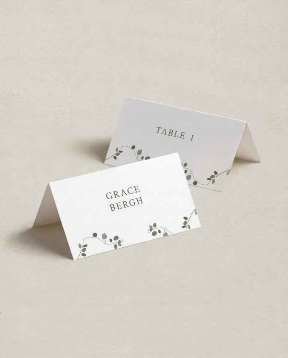 This is a 3½" x 2" Folded Wedding Place Card called Fresh Tendrils printed in full color on Premium Smooth paper