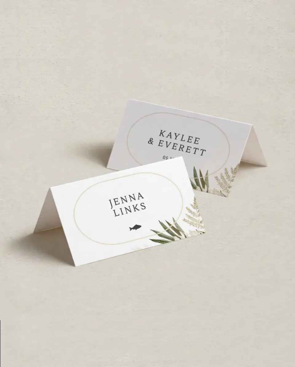 This is a 3½" x 2" Folded Wedding Place Card called Serene Flora printed in full color on Premium Smooth paper