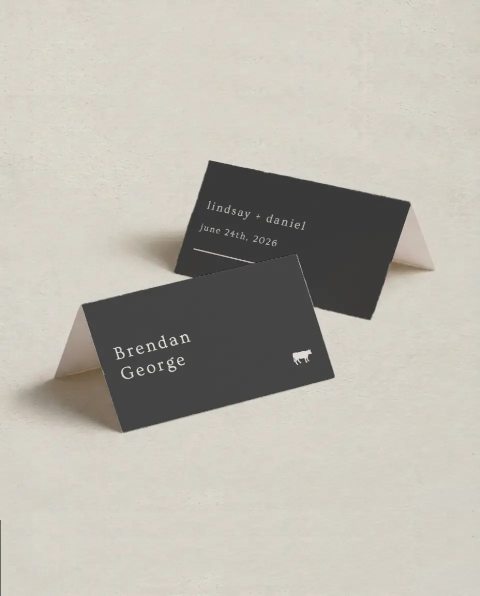 This is a 3½" x 2" Folded Wedding Place Card called Simple Gathering printed in full color on Premium Smooth paper