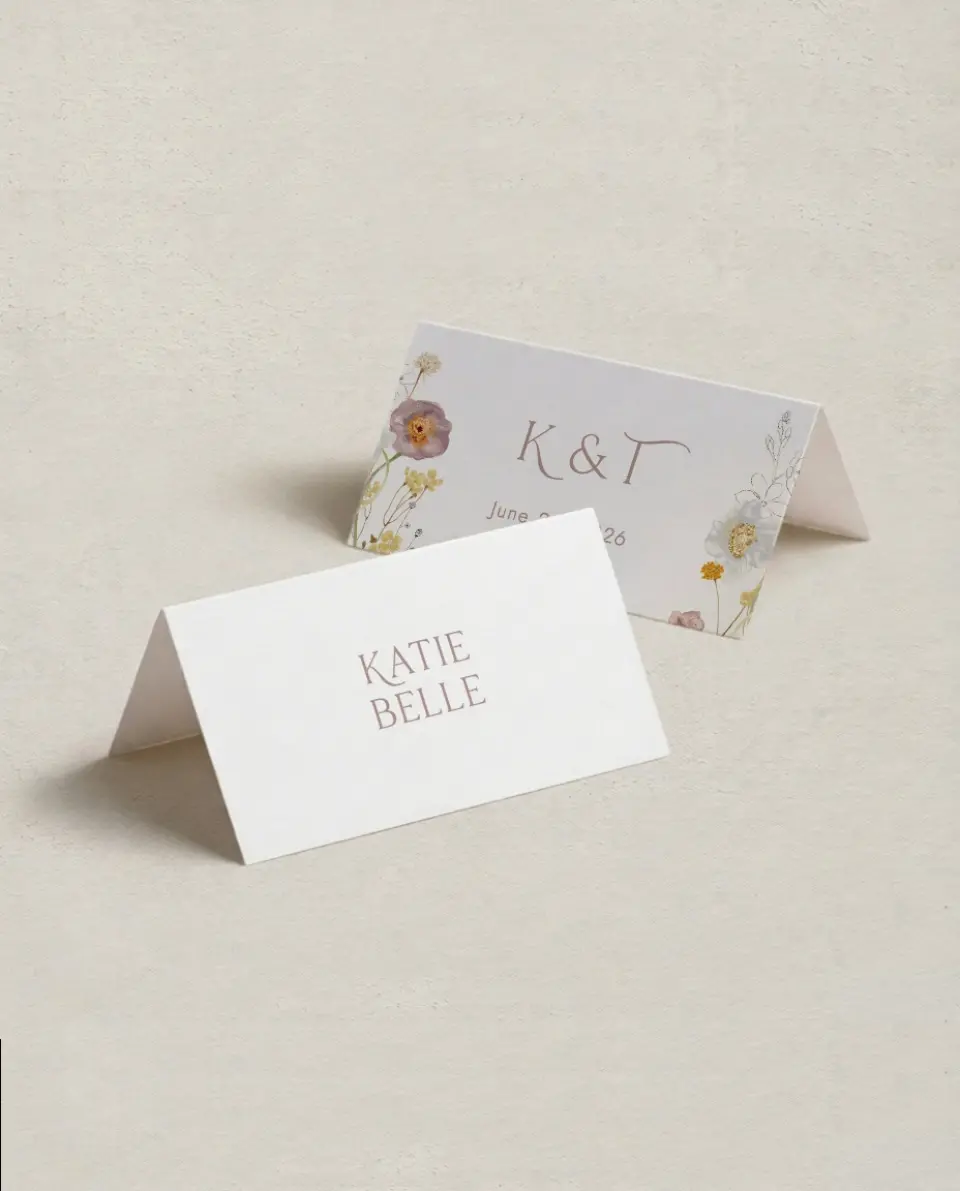 This is a 3½" x 2" Folded Wedding Place Card called Enchanting Wildflowers printed in full color on Premium Smooth paper