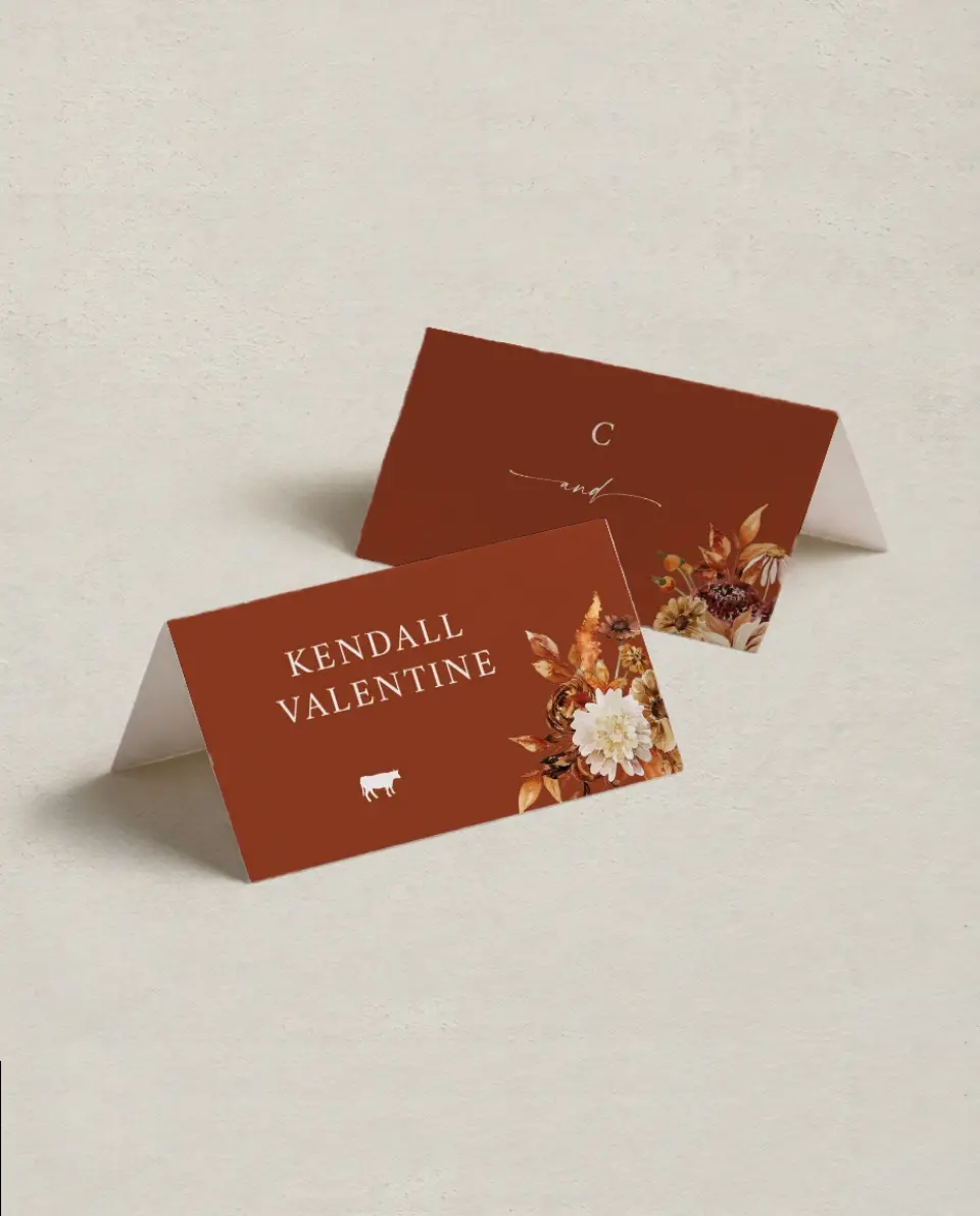This is a 3½" x 2" Folded Wedding Place Card called Autumn Florals printed in full color on Premium Smooth paper