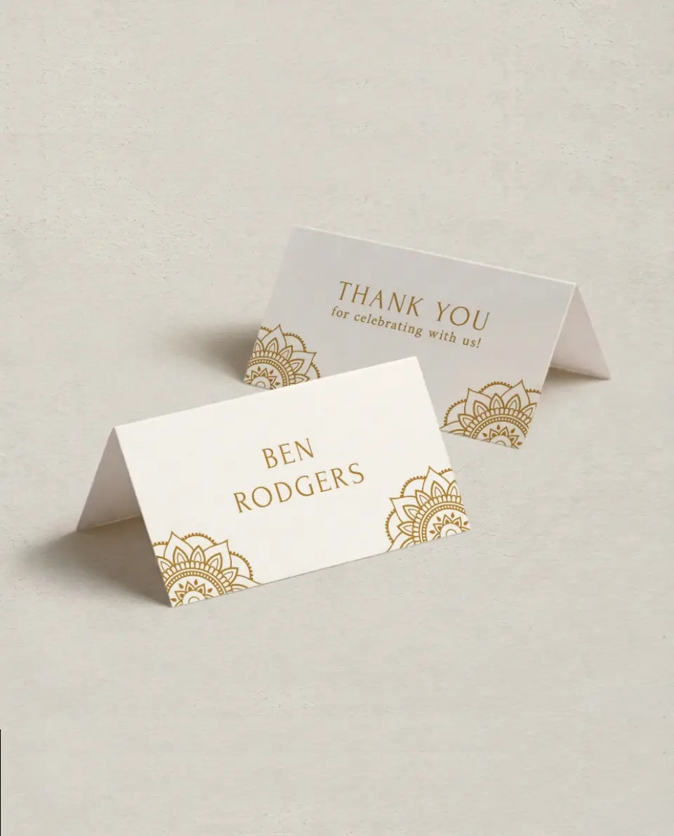 This is a 3½" x 2" Folded Wedding Place Card called Indian Mandala printed in full color on Premium Smooth paper