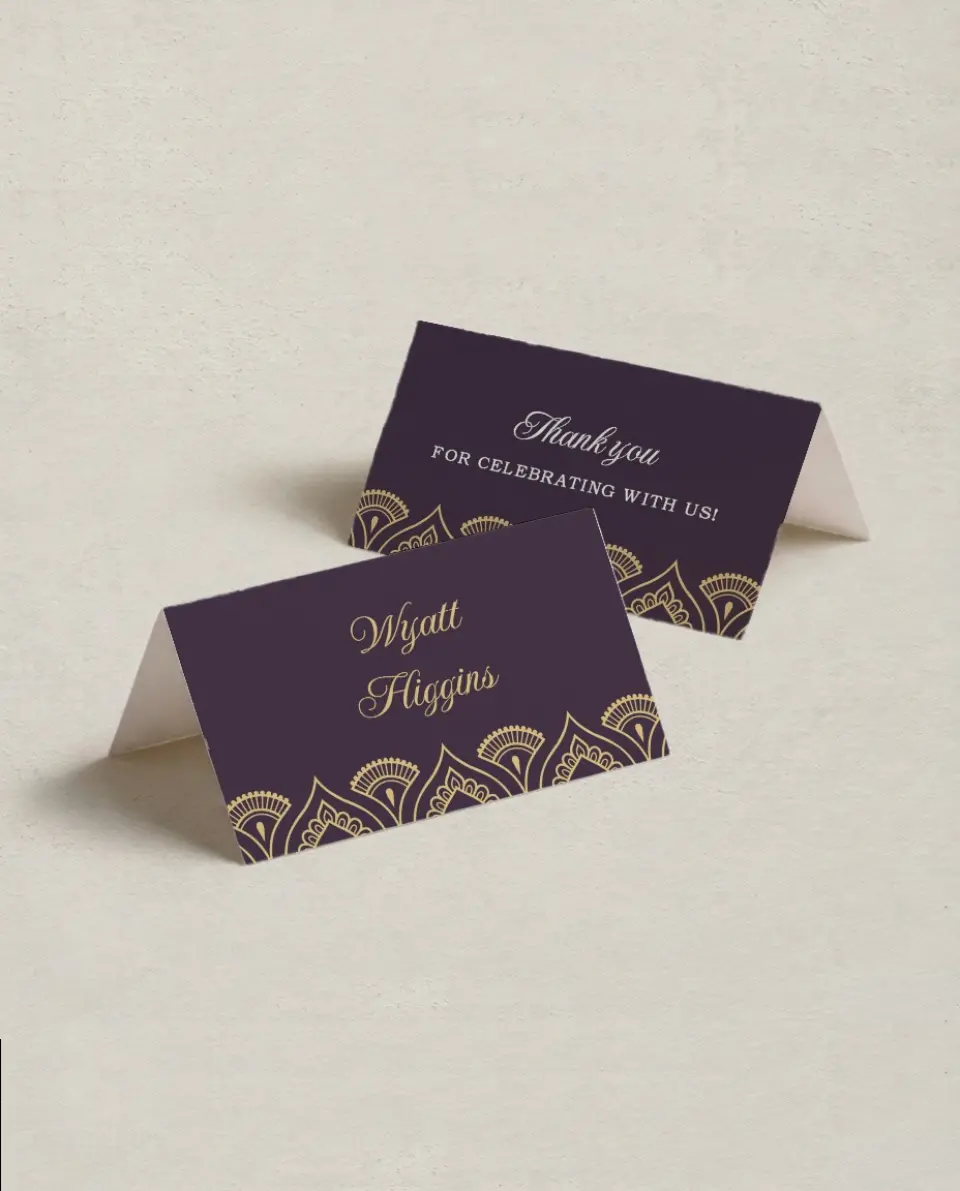 This is a 3½" x 2" Folded Wedding Place Card called Royal Pattern printed in full color on Premium Smooth paper
