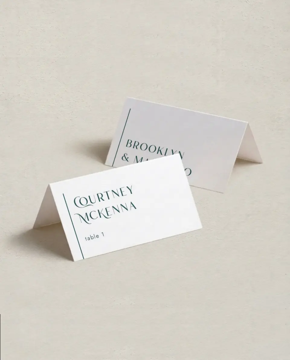 This is a 3½" x 2" Folded Wedding Place Card called The Brooklyn printed in full color on Premium Smooth paper