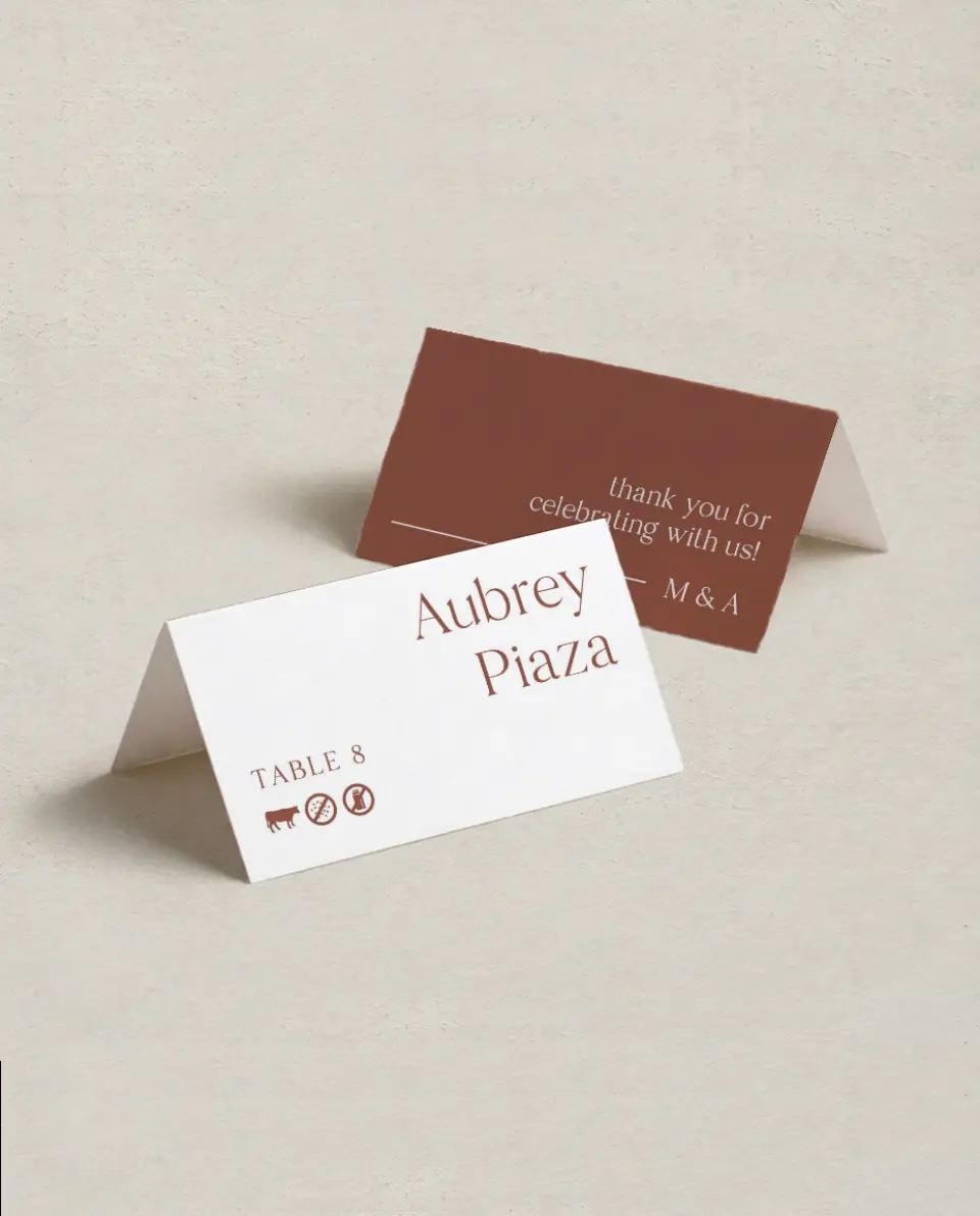 This is a 3½" x 2" Folded Wedding Place Card called The Morgan printed in full color on Premium Smooth paper