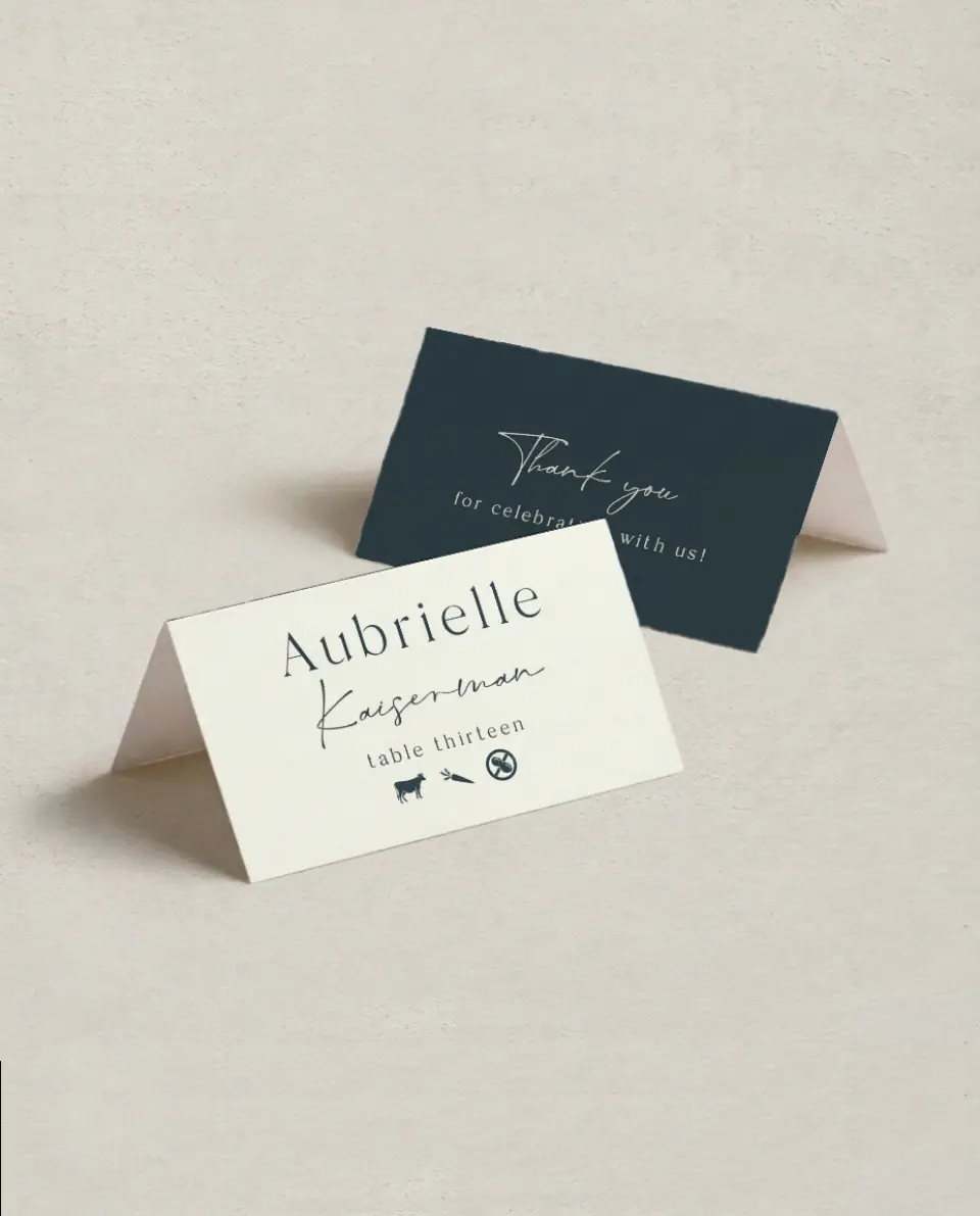 This is a 3½" x 2" Folded Wedding Place Card called The Aubrielle printed in full color on Premium Smooth paper