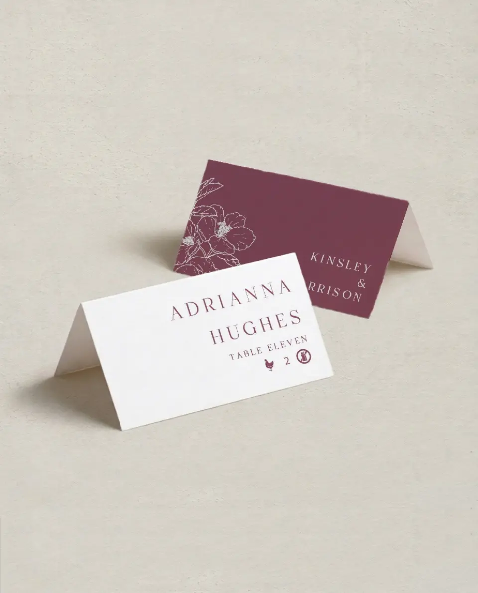 This is a 3½" x 2" Folded Wedding Place Card called The Kinsley printed in full color on Premium Smooth paper