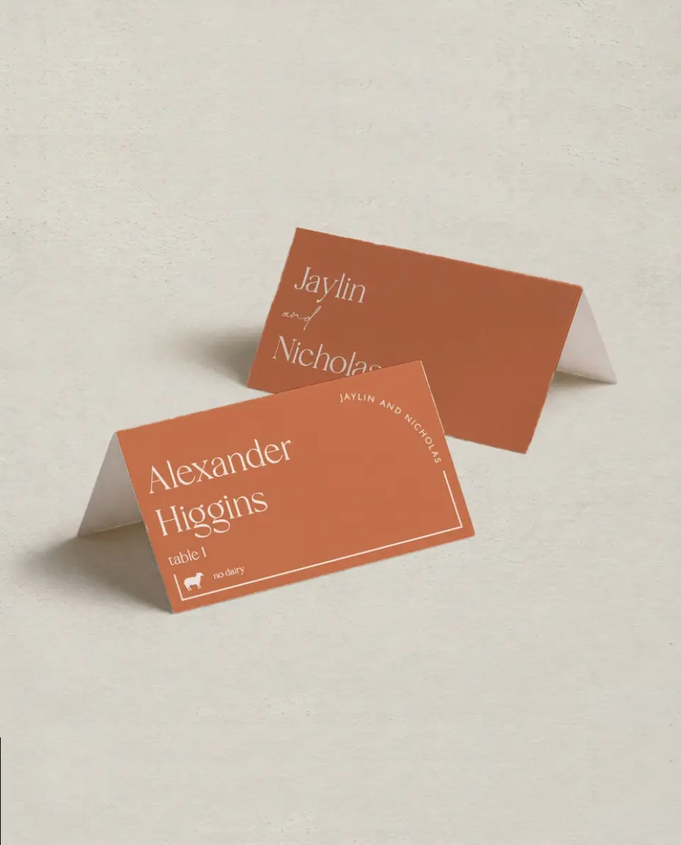 This is a 3½" x 2" Folded Wedding Place Card called The Jaylin printed in full color on Premium Smooth paper