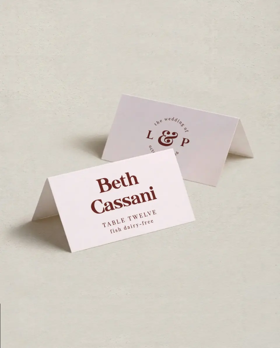 This is a 3½" x 2" Folded Wedding Place Card called The Laura printed in full color on Premium Smooth paper