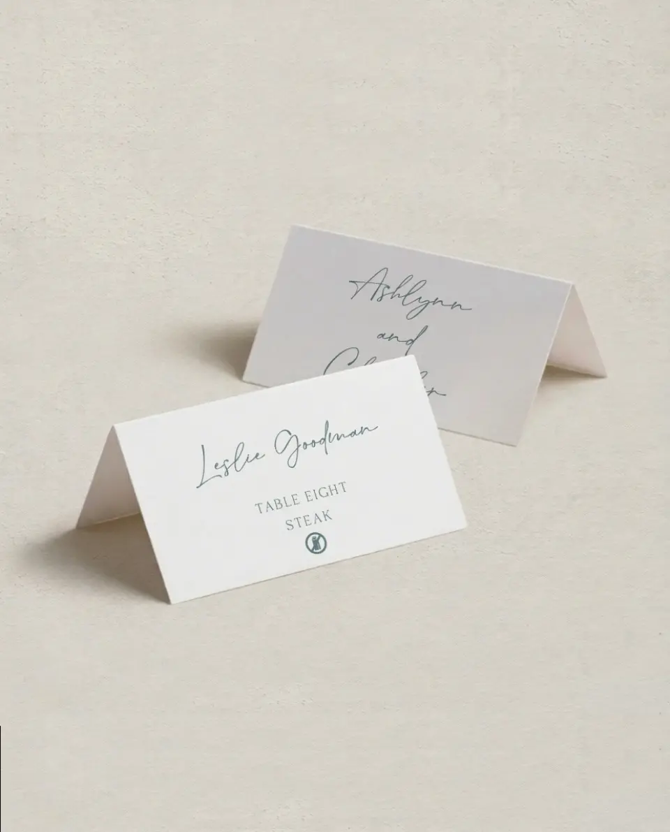 This is a 3½" x 2" Folded Wedding Place Card called The Ashlynn printed in full color on Premium Smooth paper