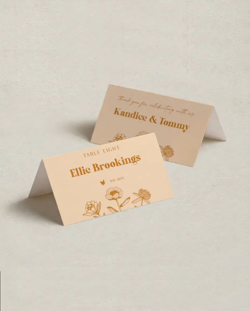 This is a 3½" x 2" Folded Wedding Place Card called The Kandice printed in full color on Premium Smooth paper