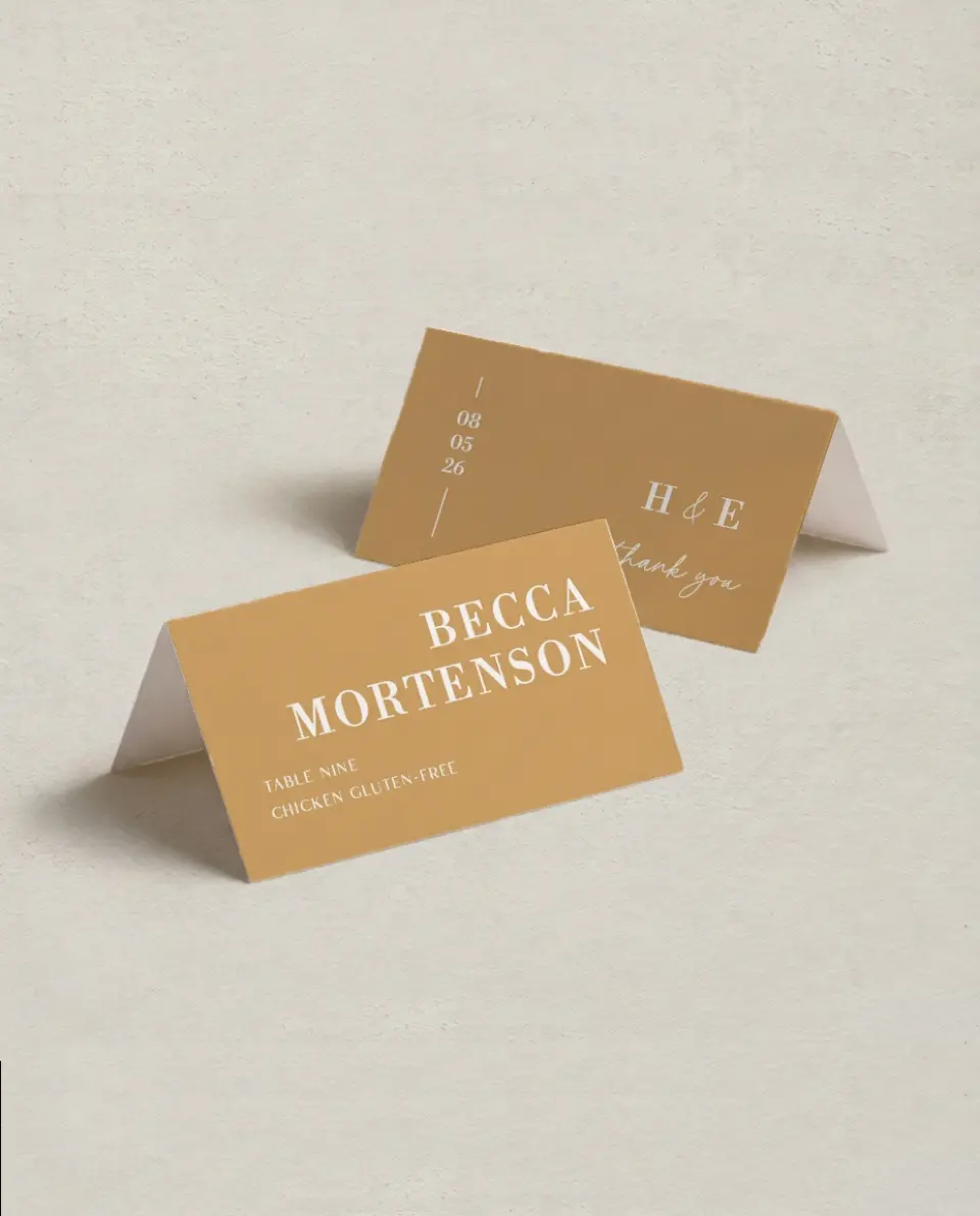 This is a 3½" x 2" Folded Wedding Place Card called The Heather printed in full color on Premium Smooth paper
