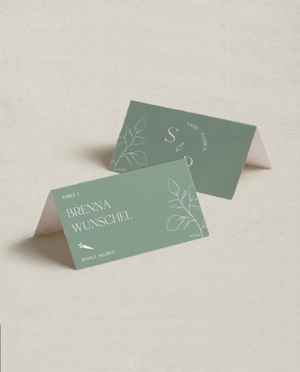 This is a 3½" x 2" Folded Wedding Place Card called The Sadie printed in full color on Premium Smooth paper