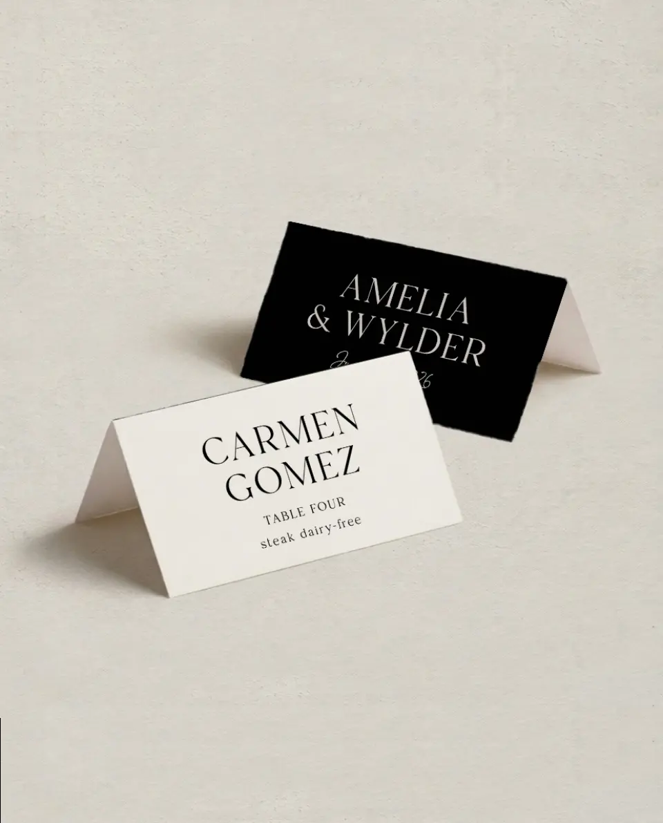 This is a 3½" x 2" Folded Wedding Place Card called Noble Names printed in full color on Premium Smooth paper
