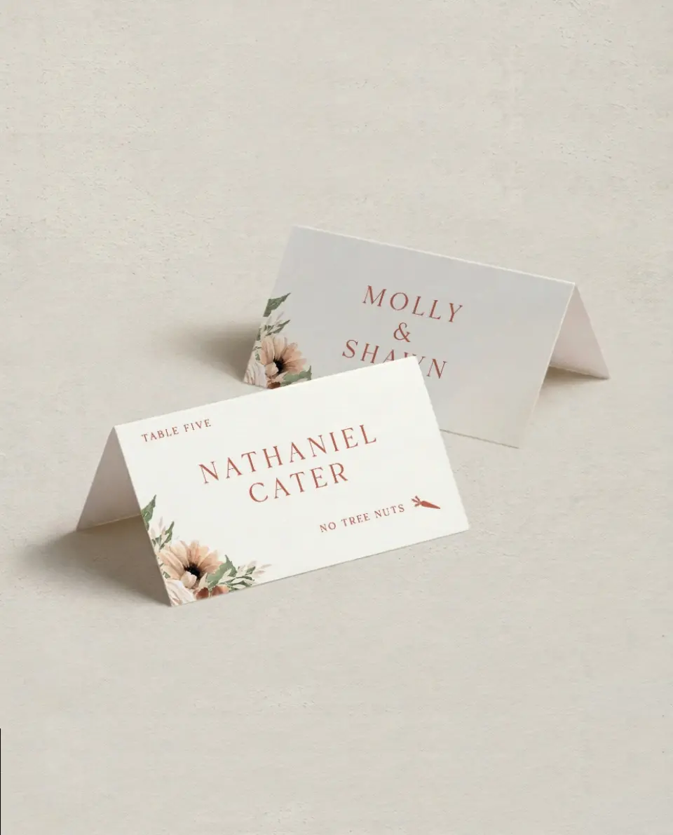 This is a 3½" x 2" Folded Wedding Place Card called Autumn Blooms printed in full color on Premium Smooth paper