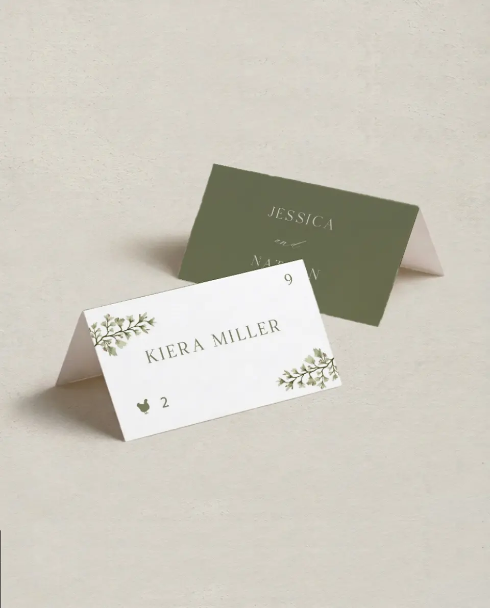 This is a 3½" x 2" Folded Wedding Place Card called Leaves of Love printed in full color on Premium Smooth paper