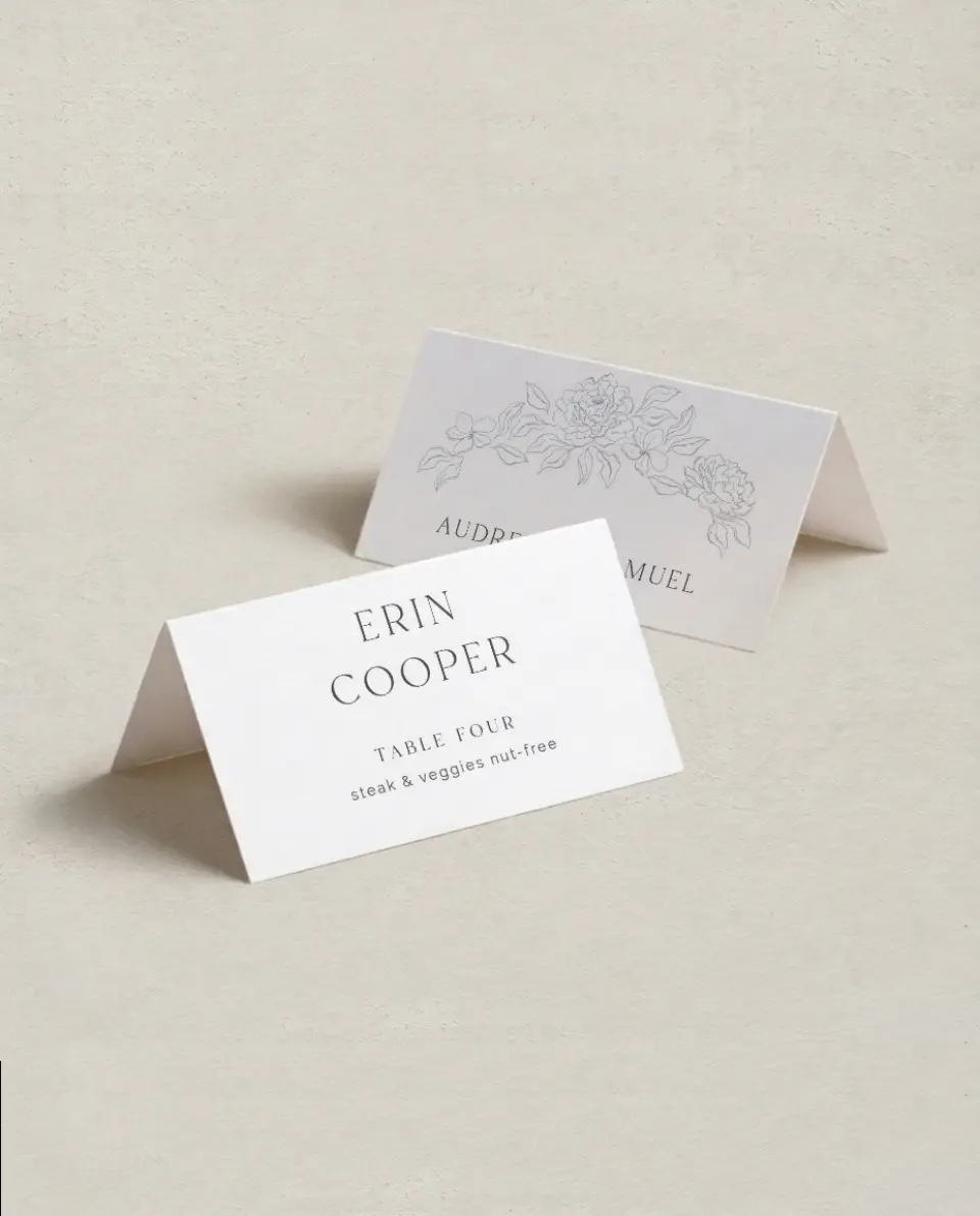 This is a 3½" x 2" Folded Wedding Place Card called Graceful Petals printed in full color on Premium Smooth paper