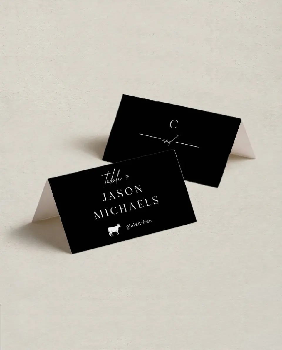 This is a 3½" x 2" Folded Wedding Place Card called Devoted Delight printed in full color on Premium Smooth paper