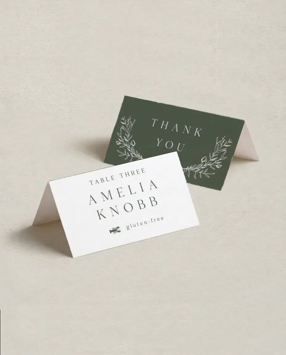 This is a 3½" x 2" Folded Wedding Place Card called Flourishing Frame printed in full color on Premium Smooth paper