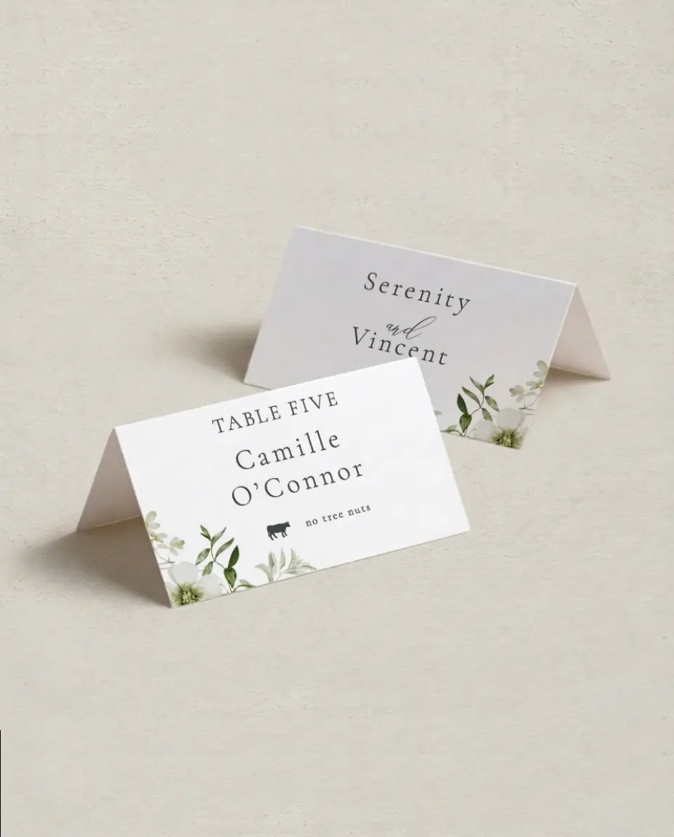This is a 3½" x 2" Folded Wedding Place Card called Graceful Greenery printed in full color on Premium Smooth paper
