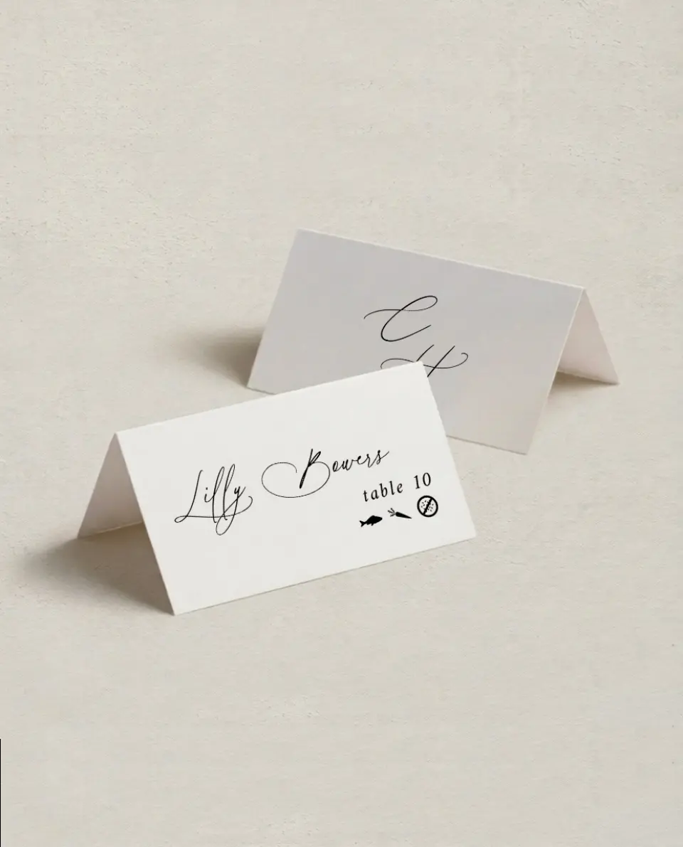 This is a 3½" x 2" Folded Wedding Place Card called The Christina printed in full color on Premium Smooth paper