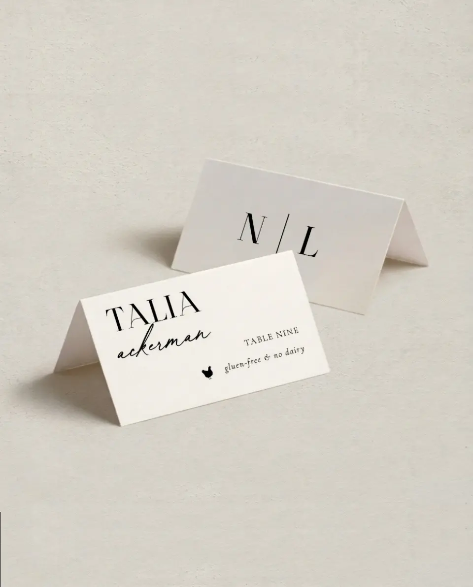 This is a 3½" x 2" Folded Wedding Place Card called The Nicole printed in full color on Premium Smooth paper
