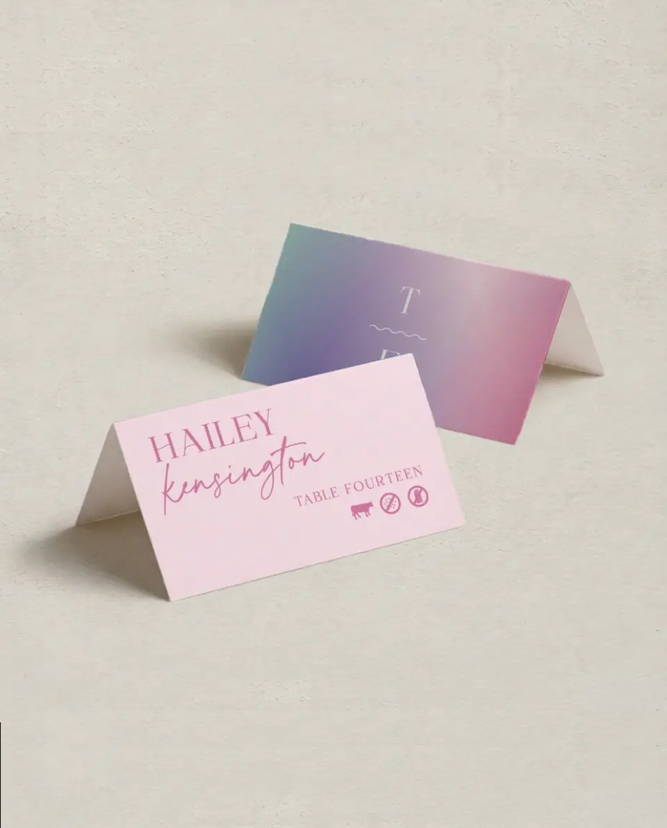 This is a 3½" x 2" Folded Wedding Place Card called The Taylor printed in full color on Premium Smooth paper
