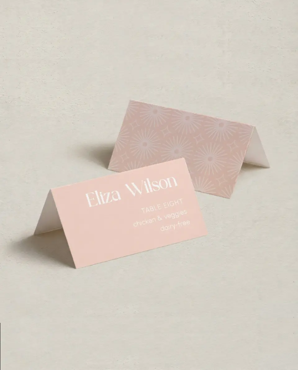 This is a 3½" x 2" Folded Wedding Place Card called The Leah printed in full color on Premium Smooth paper