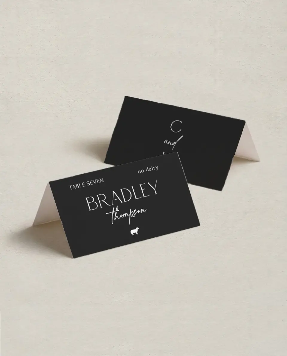 This is a 3½" x 2" Folded Wedding Place Card called The Caroline printed in full color on Premium Smooth paper