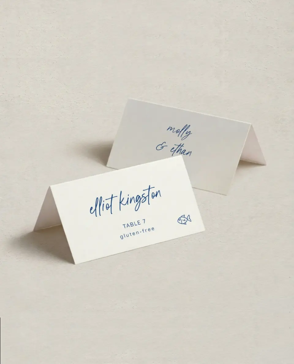 This is a 3½" x 2" Folded Wedding Place Card called Drawn To You printed in full color on Premium Smooth paper