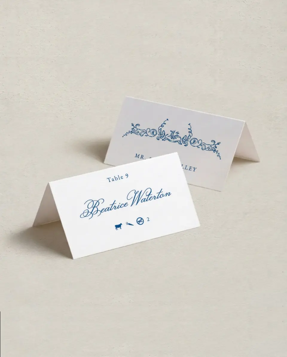 This is a 3½" x 2" Folded Wedding Place Card called Ornamental Elegance printed in full color on Premium Smooth paper
