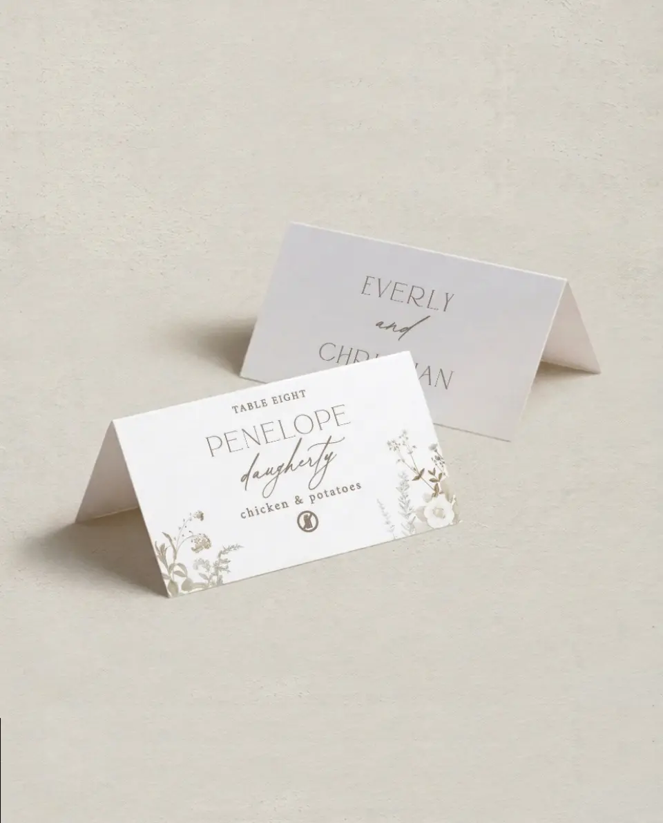 This is a 3½" x 2" Folded Wedding Place Card called The Everly printed in full color on Premium Smooth paper