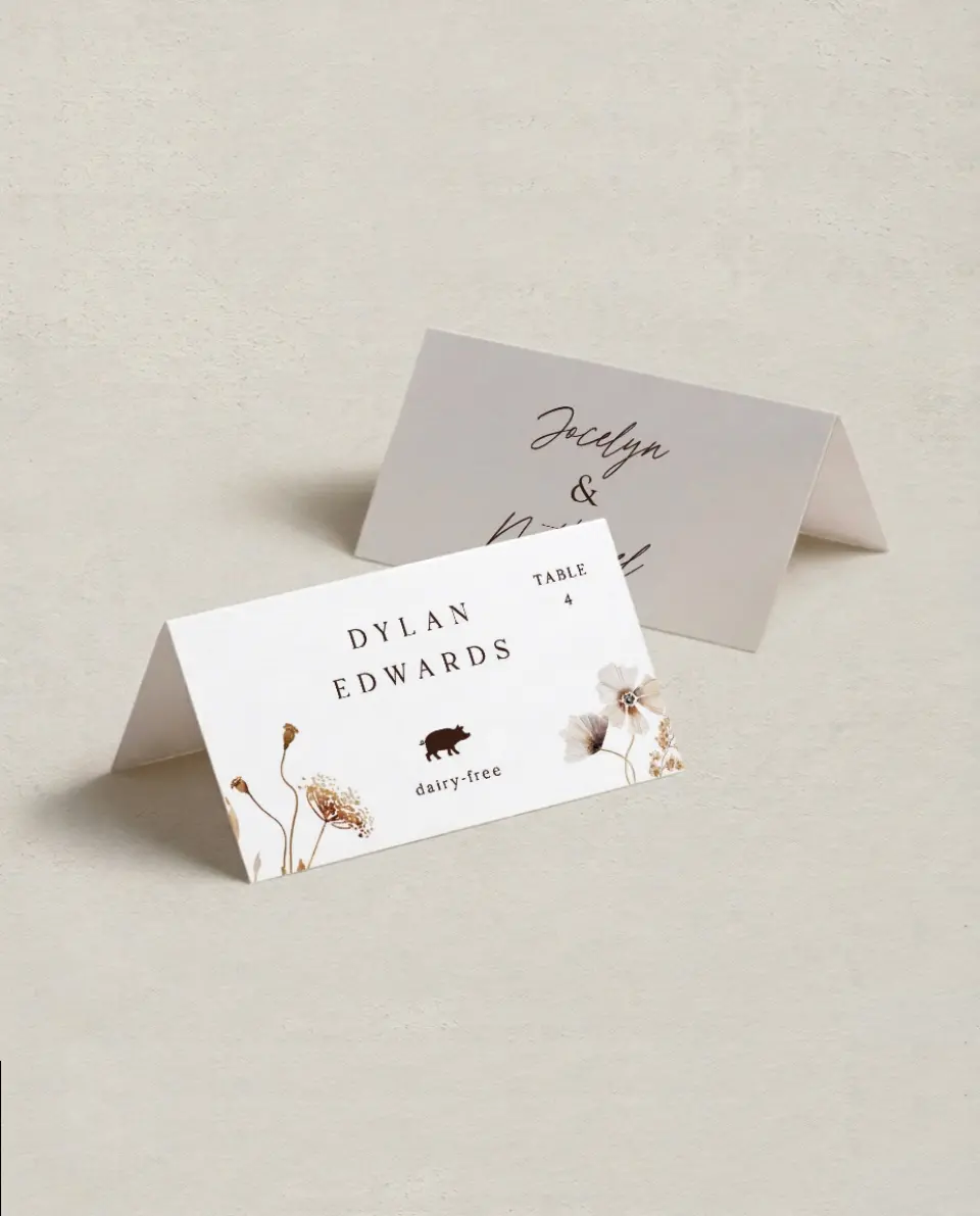 This is a 3½" x 2" Folded Wedding Place Card called Autumn Wildflowers printed in full color on Premium Smooth paper