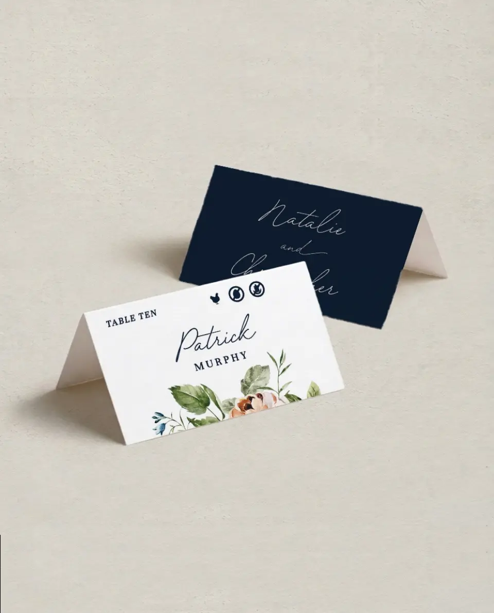 This is a 3½" x 2" Folded Wedding Place Card called The Natalie printed in full color on Premium Smooth paper