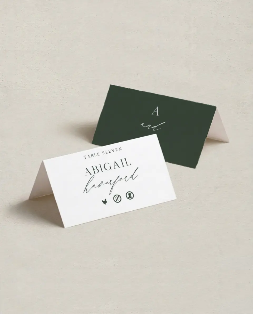 This is a 3½" x 2" Folded Wedding Place Card called True Tradition printed in full color on Premium Smooth paper