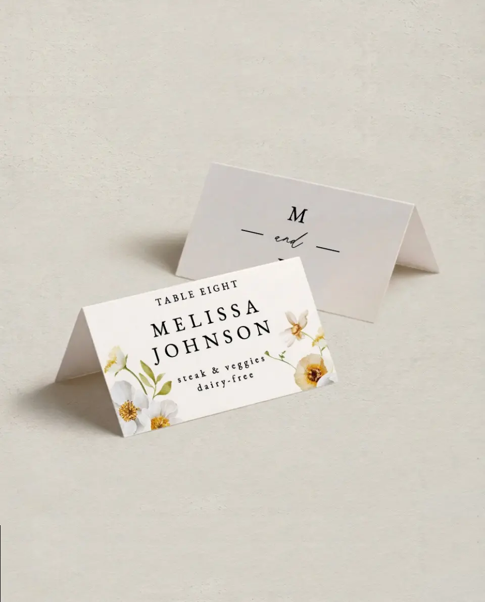 This is a 3½" x 2" Folded Wedding Place Card called Charming Cosmos printed in full color on Premium Smooth paper