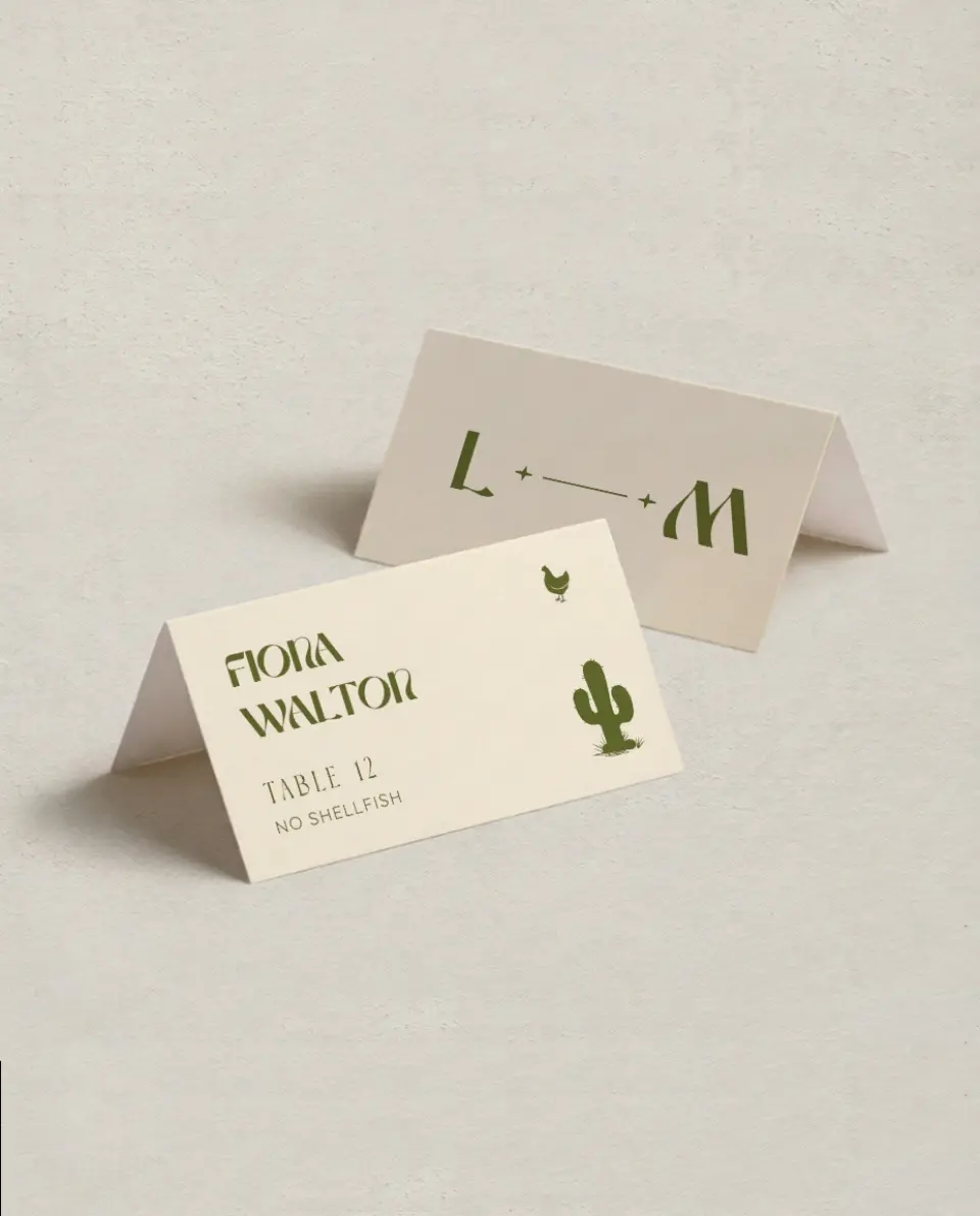 This is a 3½" x 2" Folded Wedding Place Card called Desert Funk printed in full color on Premium Smooth paper