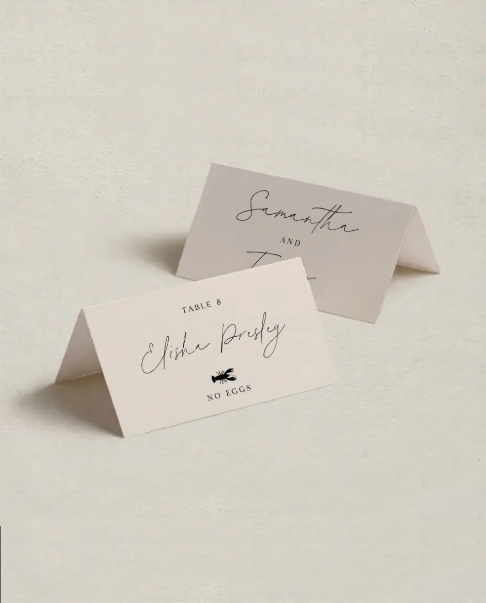This is a 3½" x 2" Folded Wedding Place Card called The Samantha printed in full color on Premium Smooth paper
